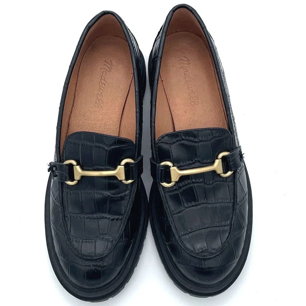 Madewell Black Leather Crocodile Textured Black and Gold Chain Academia Loafer 7